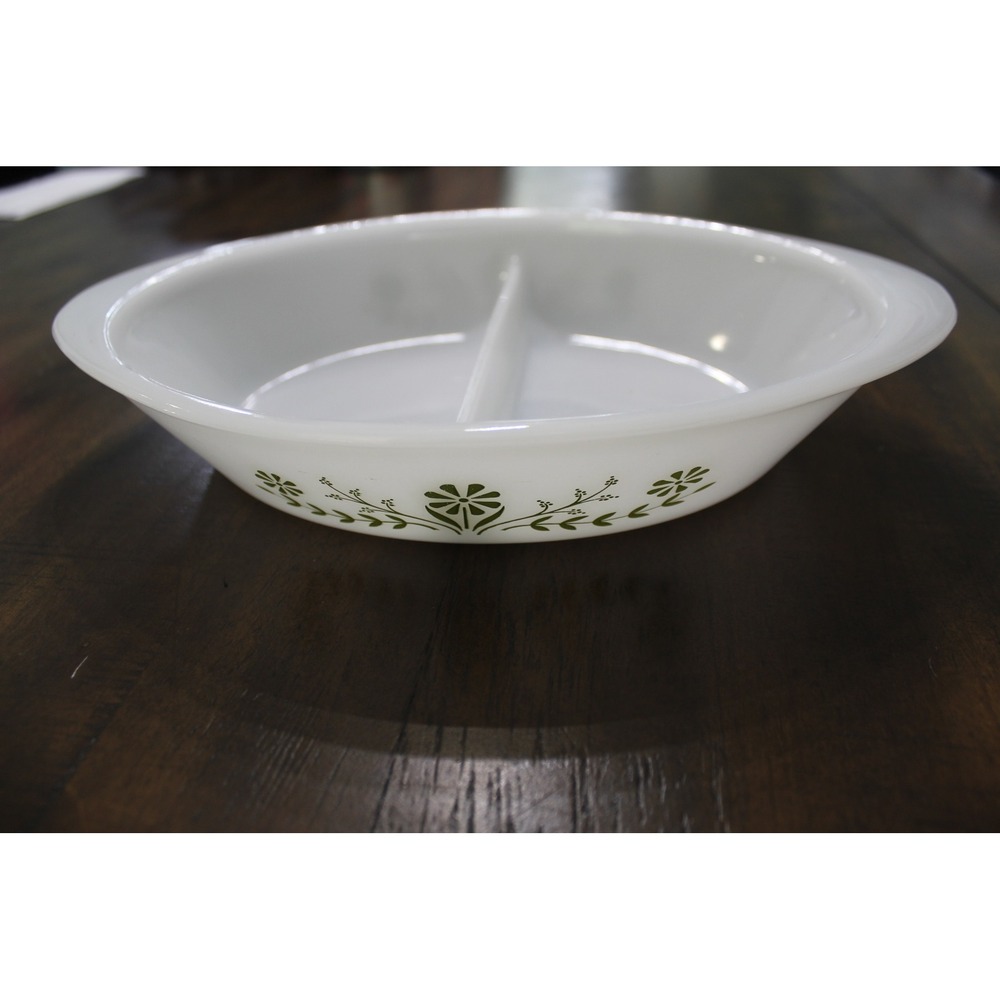 Glasbake J2352 MilkGlass Divided Serving Dish Green Floral Oval Bakeware Vintage